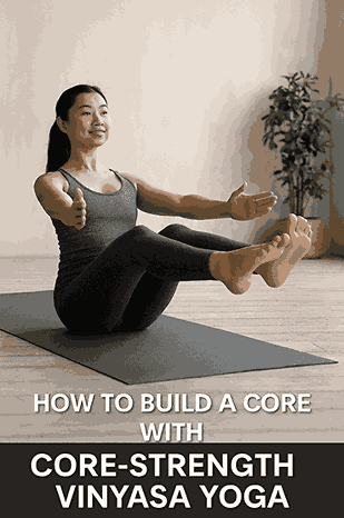 A group of yoga students practicing dynamic core-focused Vinyasa poses in a bright, serene studio with a yoga teacher guiding the flow.