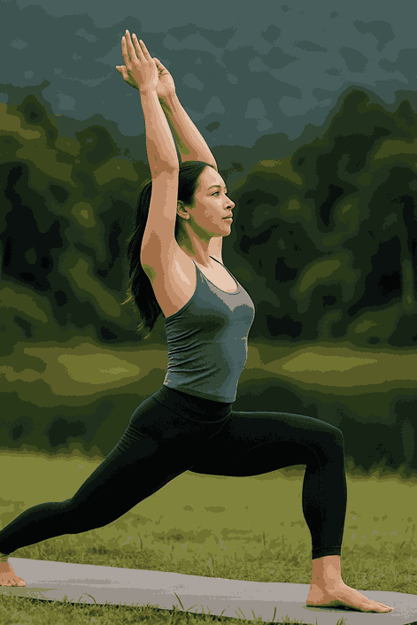 A woman practicing yoga outdoors in a warrior pose, highlighting strength, balance, and flexibility—promoting the benefits of yoga for weight loss.