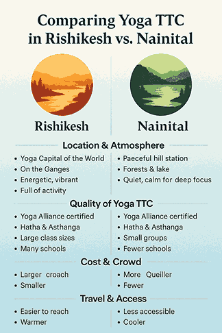 “Infographic comparing Yoga Teacher Training (TTC) in Rishikesh and Nainital, highlighting differences in environment, group size, teaching style, and atmosphere.”