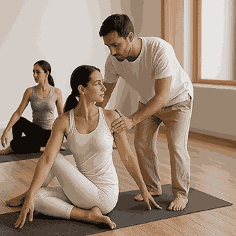 “Yoga teacher adjusting student in class—illustrating hands-on teaching methodology during 200-hour TTC in a certified yoga school in India.”