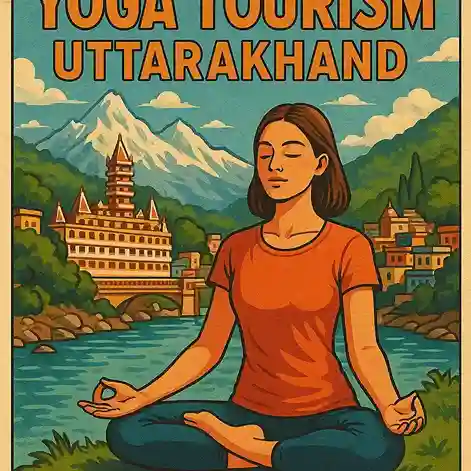 Illustration of a woman meditating in lotus pose by a river with Himalayan mountains and traditional Indian temples in the background, representing yoga tourism in Uttarakhand.