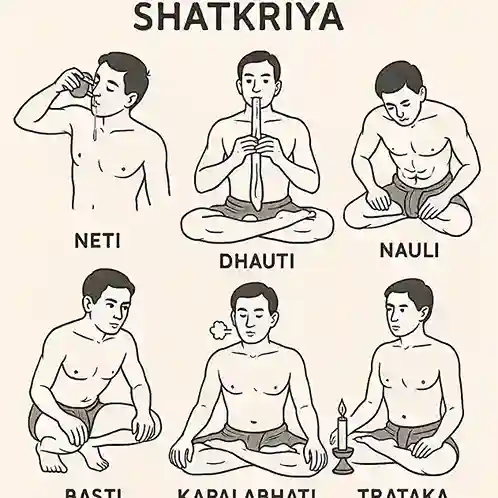 Yoga student practicing Jala Neti cleansing with neti pot outdoors in a natural Himalayan setting, representing shatkriya in yoga.